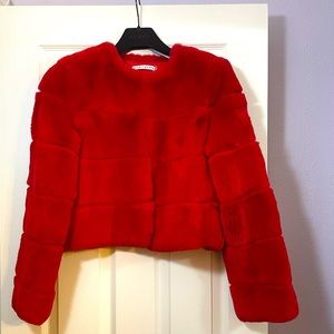 Alice + Olivia Theon Ruby Red Fur Jacket S